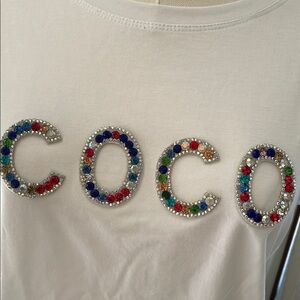 White T-Shirt Colorful Beaded 'COCO' NWOT Boutique Fashion top Small inspired